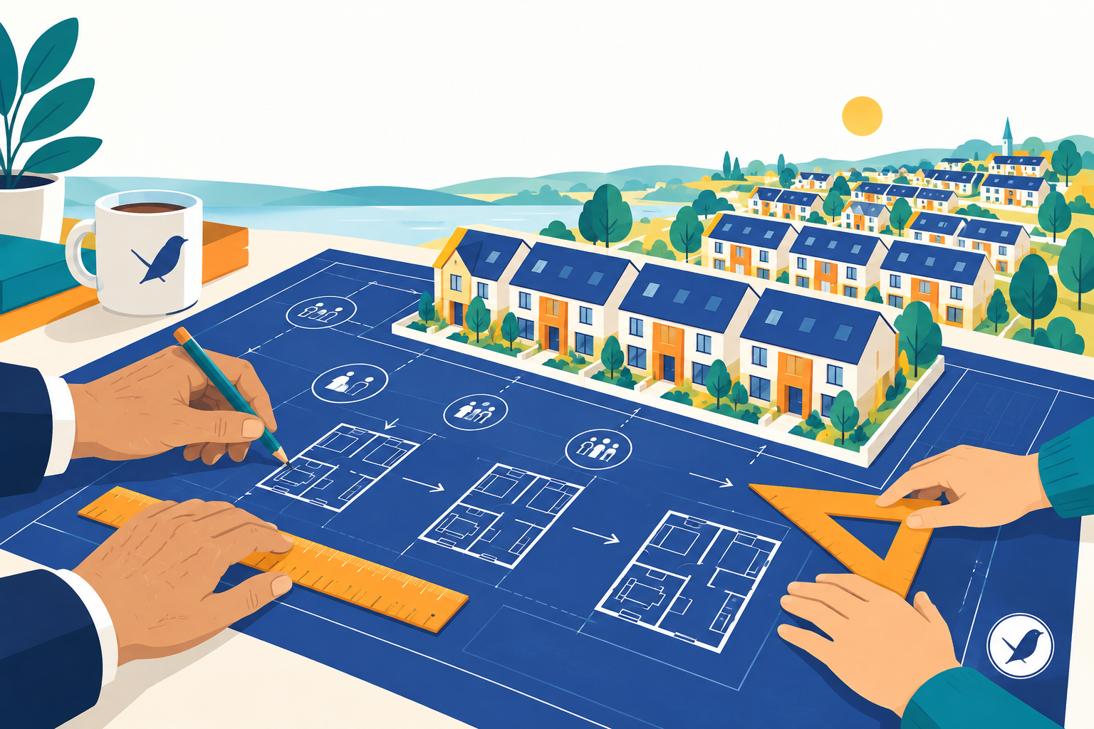 Illustration of two pairs of hands drawing a co-living system on a royal blue blueprint, with finished co-living houses rising off the plan as a model replicated across the UK.