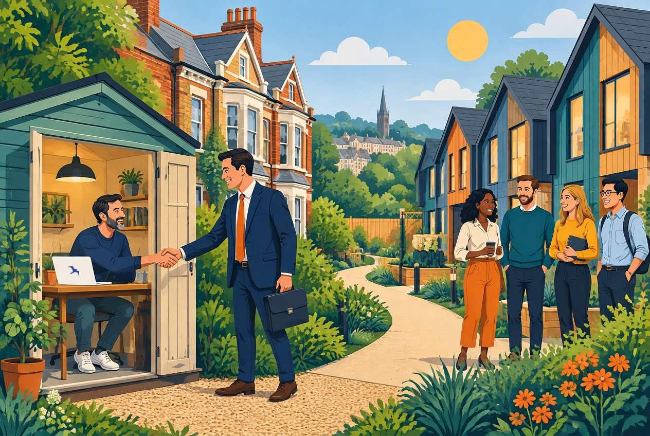 Illustration of a founder working from a garden shed in Tunbridge Wells shaking hands with a business partner, with a path leading to modern co-living homes and happy tenants.