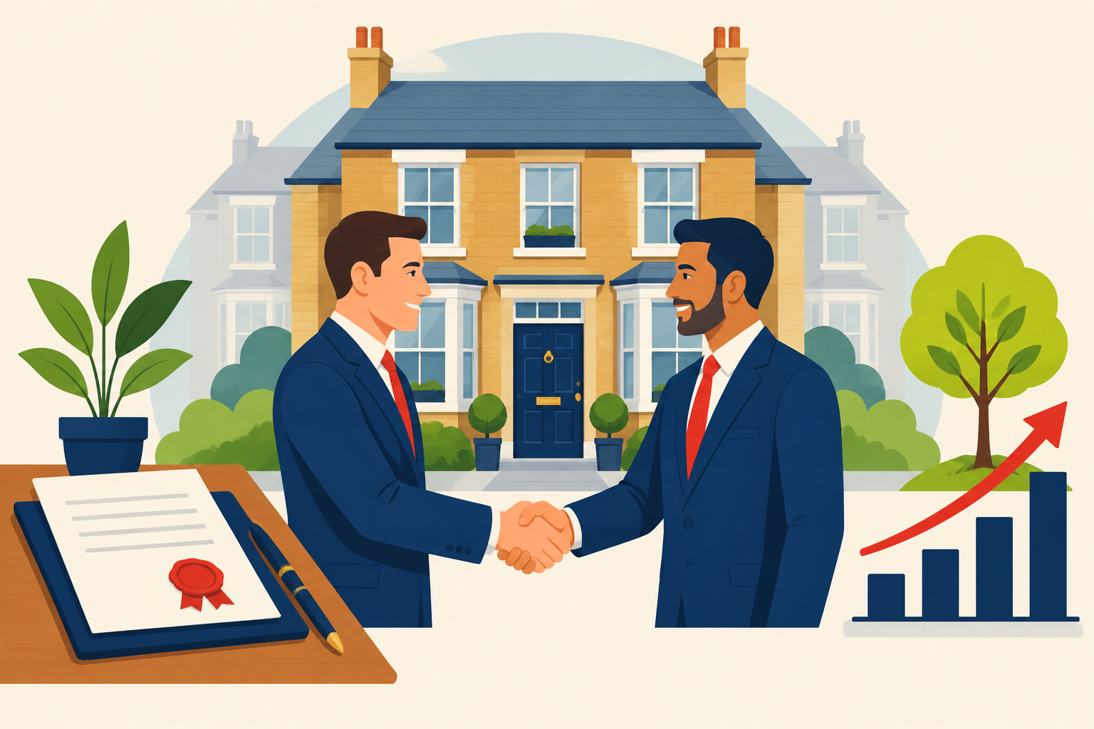 Brand illustration of the two Rooms & Co Ltd founders shaking hands in front of a newly launched shared home, with an incorporation document, a young tree and a rising growth chart.